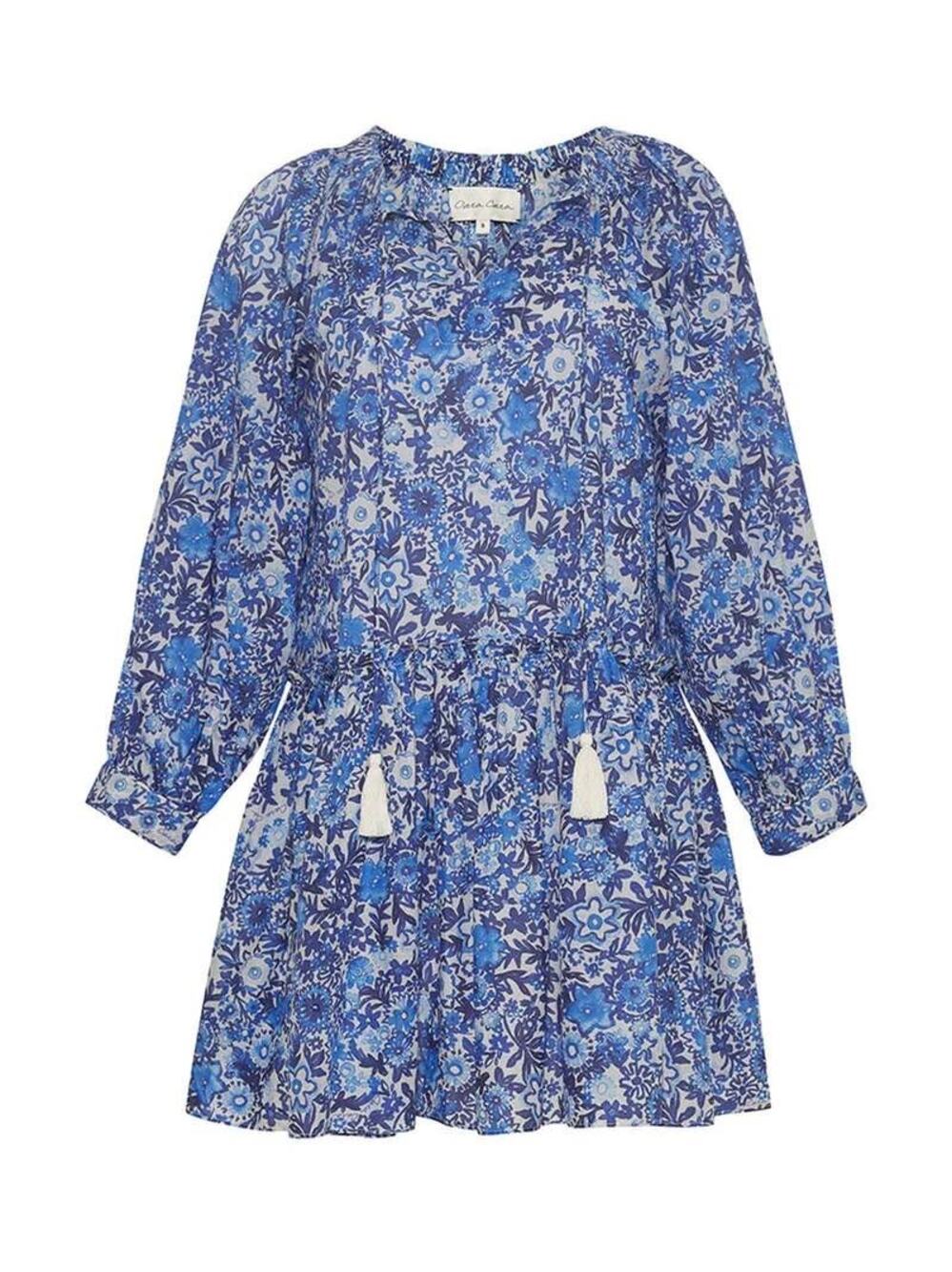 Cara Cara Kavita Blue Floral Print Tassel Shift Mini Dress Size Small